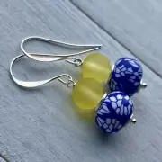 Min Favorit Blue White Clay & Yellow Glass Bead Silver Pl Artisan Drop Earrings