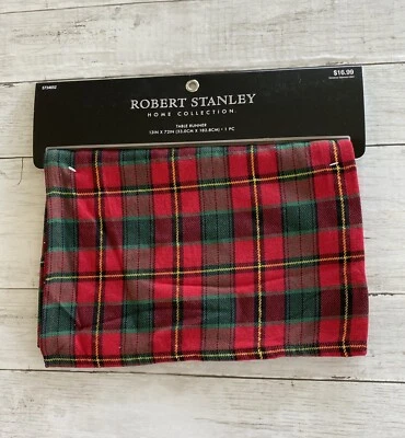 Robert Stanley Christmas Holiday Table Runner Red Green Black & Gold 13”x72”