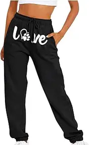 [OOLYXXF] Women Dog Paw Graphic Pants Love Heart Print Sweatpants Casual Pants Elastic Waist Pant Lounge Workout Pant Trousers