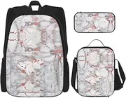 [StOlmx] 3 Pcs Set Backpack,Waterproof Bookbag, Insulated Lunch Bag & Pencil Case Pouch, Travel,Hiking,Wearing Clothes Corgi Dogs Print, White Marble Rose Gold, One Size