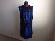 NWT $495 Rebecca Taylor Aztec Sleeveless Embroidered Silk Black/Blue Dress*Sz 2
