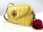 AUTH NWT $498 Tory Burch Kira Quilt Patent Leather Camera Bag In Vintage Lemon