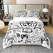 Children's Gaming 100% Cotton Duvet Cover, 155 x 220 cm, Gamer Bedding Set for Boys and Girls, Gamepad Video Games Comforter Cover, Black White Graffiti Bedroom Decor Duvet Cover