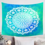 White Mandala over Bright Blue Green Tapestry