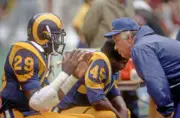 Running back Eric Dickerson Los Angeles Rams talks to head coach J- Old Photo