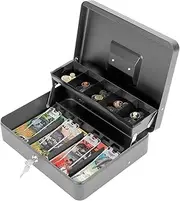 Aumerage Metal Cash Box with Security Lock & 2 Keys - 4 Bill/5 Coin Tray Storage, Large Lockable Money Box for Small Business/Home (Grey)