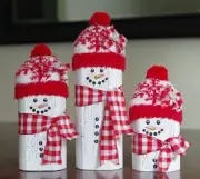 Set of 3 Wooden Snowmen With Red and White Plaid Scarf and White Button