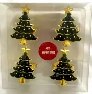 Santas Workshop Christmas Tree Napkin Rings 4 Pcs Green & Gold Star Metal NEW