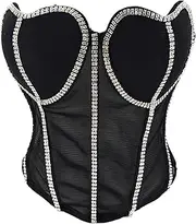[ELLACCI] Women's Diamond Mesh Heart-Shaped Rhinestone Bustier Tops Strapless Black