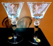 Vintage Etched Cordial Glasses Pair of 2 Stemware Made in Roumania 1950's NEW