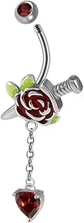 [Niaspi] 14G 316L Surgical Steel Rose Flower Dangle Belly Button Rings for Women Dangling Red CZ Heart Belly Navel Rings Belly Curved Barbell Studs Hypoallergenic Body Piercing Jewelry, 14g, Stainless