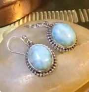 Genuine 925 Sterling Silver Natural Large Larimar Gemstone Earrings