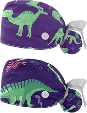 [YTYVAGT] 2-Pc,Nurse Scrub Caps,Scrub Hats with Buttons and Cotton Sweatband,Cartoon Green Dinosaur