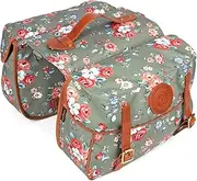 TOURBON Waterproof Canvas Bicycle Bike Rear Seat Carrier Bag Cycling Double Roll-up Pannier Bag Pack (Khaki) (Flower)