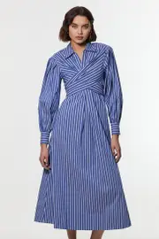 Stripe Cotton Poplin Drama Sleeve Woven Wrap Detail Shirt Dress