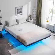 VINGLI Queen Floating Bed Frame with USB Charging and LED Lights, Metal Design