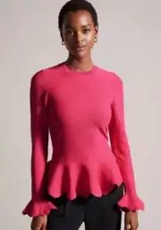 NWT Ted Baker Lillyyy Fitted Top With Peplum Pink Womens Size 2 US 6 $195