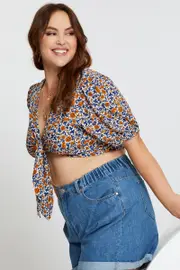 Floral Print Crop Top Short Sleeve Tie Front