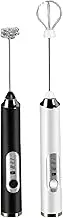 Electric Milk Frother Handheld – USB Rechargeable Foam Maker with Whisk & Frother Heads, 3 Adjustable Speeds, Comfortable Handle, Detachable Heads for Latte, Cappuccino, Matcha (Black & White) (Black)