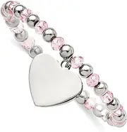 [JewelryWeb] Stainless Steel Polished Love Heart Dangle 6mm Pink Glass Beaded Stretch Bracelet-Stretch-Bracelet for Women