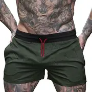 [palglg] Men's 4" Inseam Running Fitness Workout Shorts with Zipper Pocket withoug Lining, Army Green, M