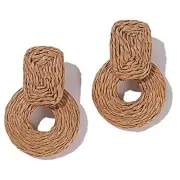 Statement Boho Rattan Dangle Earrings - Handmade Straw Wrap Summer Drop Wheat