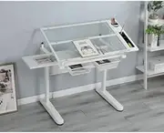 KELLIGO Drafting Table, Hand Crank Adjustable Drafting Table Drawing Desk with 2 Metal Drawers with Stool (White)