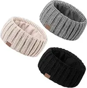 MUTKIS Winter Headbands for Women 3 Pack, Ear Warmers for Women Headband Wool Knit Thick Fleece Lined, Cold Weather Warm Ear Muffs(Black&Beige&Light Gray)-1