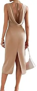 [CHAANG] Dresses for Women Draped Tie Backless Split Thigh Dress | Elegant V Neck Sleeveless High Waist Long Pencil Dress (Color : Champagne, Size : Large)