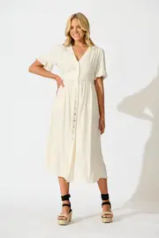 Daysia Midi Dress Short Sleeve in Beige Oatmeal Linen Blend 10