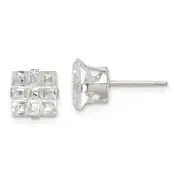 Sterling Silver 7mm Square Snap Set Laser-Cut Cz Stud Earrings