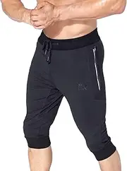[BROKIG] Mens 3/4 Capri Workout Pants,Gym Running Jogger Pants for Men with Zip Pockets