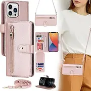 ELTEKER iPhone 13 Pro Max Mobile Phone Case with Neck Strap, Flip Case iPhone 13 Pro Max with Card Slot, Mobile Phone Chain Protective Mobile Phone Case, Leather Case for iPhone 13 Pro Max - Rose Gold