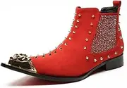 [Generic] Men Patch Work Two Tones Band Rivets Studs Decortaion Metal Pointed Toe Genuine Leather Punk Boots for Men