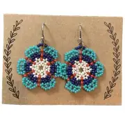 Huichol Flower Beaded Earrings Handmade Blue Purple Seed bead Dangle Jewely