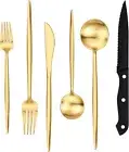 Luxurious 48-Piece Matte Gold Silverware & Steak Knife Set for 8 - Dishwasher...