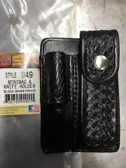 Triple K Maglite Minimag Light & Knife Holder Black Basketweave Leather US Made