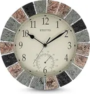 eYotto 10 Inch Indoor/Outdoor Waterproof Wall Clock with Thermometer Silent Non-Ticking Battery Operated Wall Clocks Weatherproof for Patio, Pool, Garden, Lanai, Fence, Porch, Deck, Bathroom