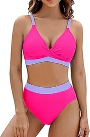 MAIABLEAU Women High Waisted Bikini Set Two Piece V Neck Bathing Suit Moderate Swimsuit Twist Front