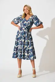 Tris Midi Dress Short Sleeve in White with Blue Multi Leaf 8