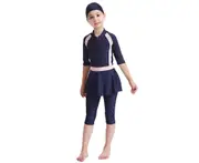 Girls Muslim Islamic Swimsuit Modest Swimwear 3/4 Legsuit Swim Skirt Swimming Cap Burkini Beach Costume - Navy Blue