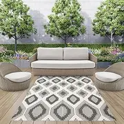 XCELERATOR Large Outdoor Rug for Patio, Reversible Portable Camping Rug, Weather Proof Plastic Straw Rug for RV Deck Camper Balcony, Positano 200 X 270 cm Grey and White