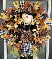 SUPER CUTE Fall Scarecrow Girl Sunflower Deco Mesh Front Door Wreath Decoration