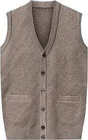 [SWJGLITTR] Mens Knit Button Cardigan Vest Wool Blend V-Neck Sleeveless Cardigans for Men Lightweight Tall Big Knit Vests, Khaki, Large