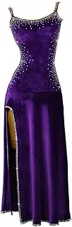 [YHHGDS] Women Latin Dance Dress Ballroom Tango Cha Cha Samba Rumba Purple Strap Long Skirt Costume with Rhinestone