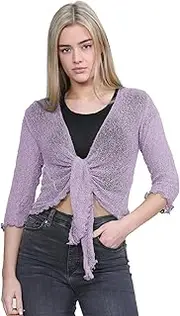 [Janisramone] Women s Shrugs, Double Fine Knit 3/4 Sleeve Tie Front Top, Bolero Cardigans for Women, Stretchy Cropped Cardigan, Lightweight Summer Shrug, Ladies Evening Tops
