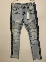 Argonaut Nations Jeans Mens 34 X 32 Blue Denim Rhinestone Stripes Distressed NWT