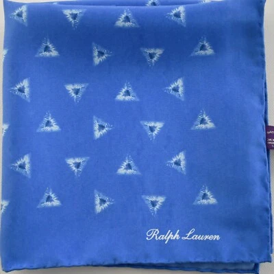 New Auth RALPH LAUREN PURPLE LABEL Blue Triangle Printed 100% SILK Pocket Square