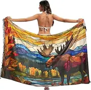 [XYMZR] Moose Stain Glass Women's Sarong Swimsuit Coverups Chiffon Bikini Wraps Skirt with Tassels L