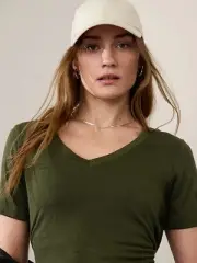BNWT ATHLETA Breezy Scoop V-Neck Tee, Aspen Olive Green, XS, Tencel Modal NEW